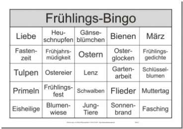 Themen - Bingo - Spiel Frühling zur Beschäftigung für Senioren mit 25 Begriffen pro Spielschein