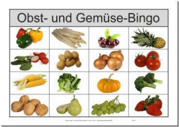 Spielscheine im Format DinA 4 zum Bingo spielen für Senioren auch mit Alzheimer Demenz Erkrankung mit Motiven zu Obst und Gemüse