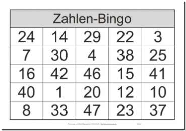 Das bekannte Spiel Bingo mit Zahlen und Bingoscheinen von 1 bis 48