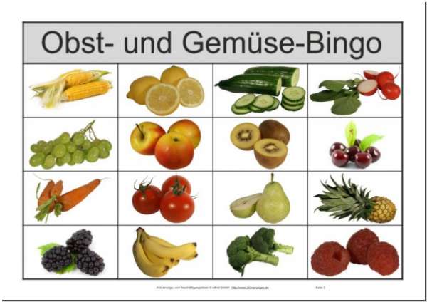 die 10 Spielscheine im Ergänzungsset für das Bilderbingo Obst & Gemüse unterscheiden sich zur Grundversion des Spiels für Senioren mit Demenz